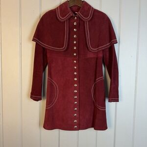 Vintage 70's Gassy Jack Heavy red Suede Duster Women's Coat Cape embroidered